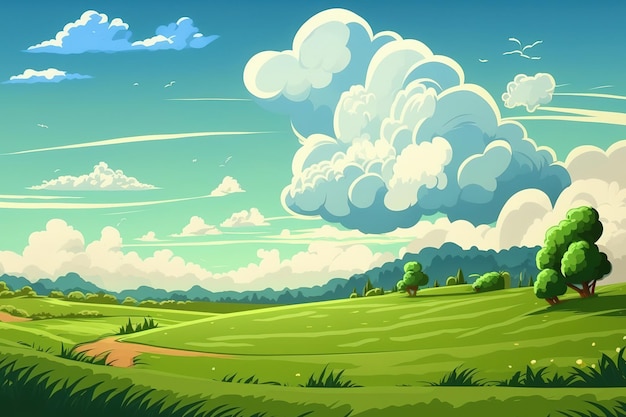 Green meadow under blue sky with clouds