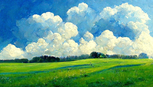 Green meadow forest and blue sky with white lush clouds Summer landscape illustration