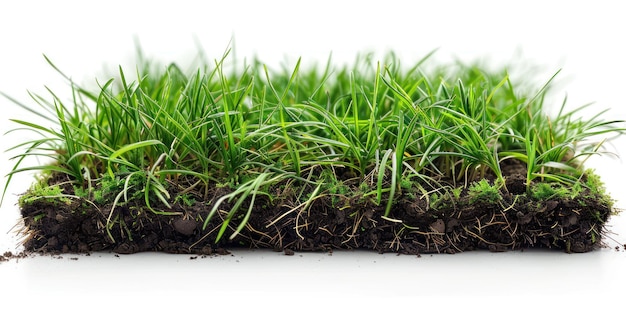 Photo green meadow grass with roots in black soil isolated on transparent background