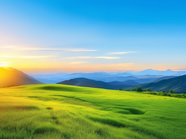 Green meadow mountain landscape blue sky summer sunset tranquil scene