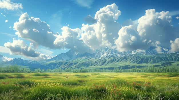 Green Meadow And Mountain Landscape Under A Blue Sky With White Clouds