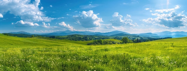 Photo a green meadow perched on a hillside surrounded by the fresh colors of spring with a majestic mountain range looming in the background offering a sweeping panoramic view of natural splendor