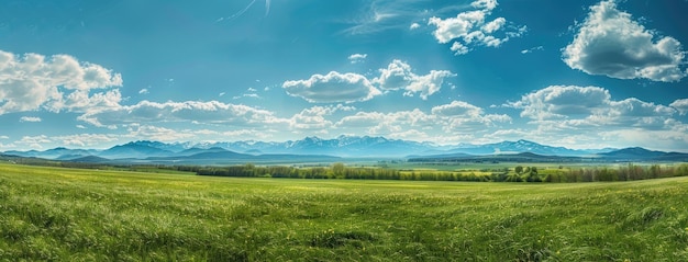 Photo a green meadow perched on a hillside surrounded by the fresh colors of spring with a majestic mountain range looming in the background offering a sweeping panoramic view of natural splendor