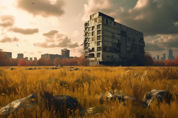 Green meadow with skyscrapers in the background