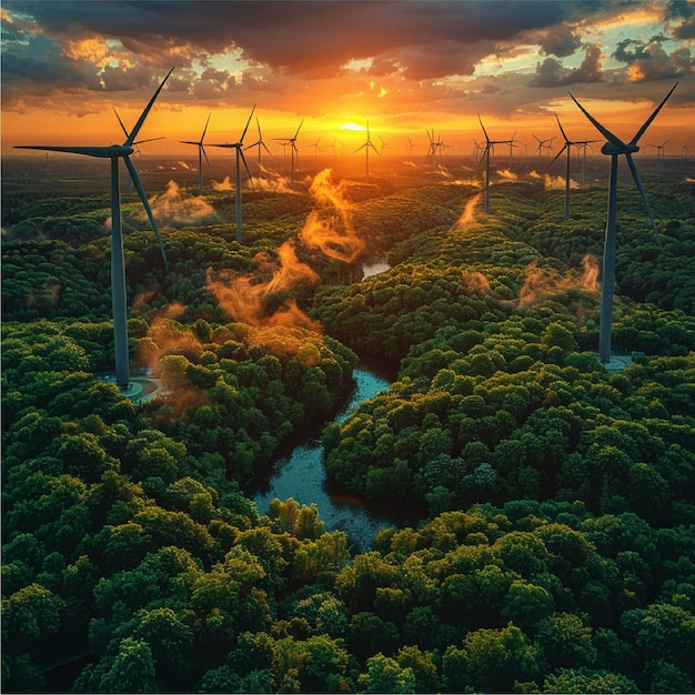 green meadow with Wind turbines generating electricity