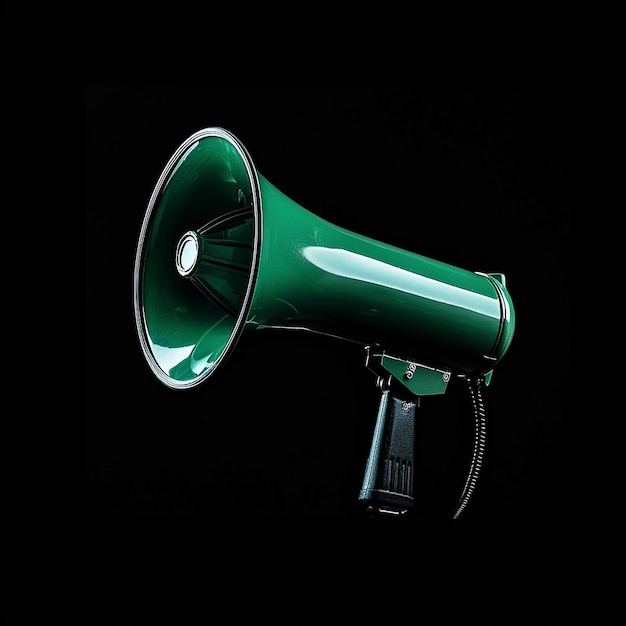 a green megaphone that has the word  light  on it