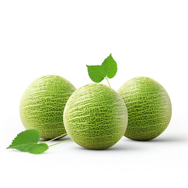 Green melon with green leaves on white background