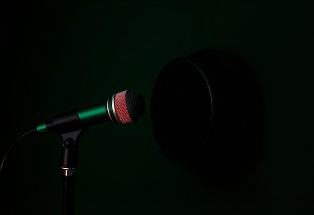 Photo green microphone on a black wall with a dark green background