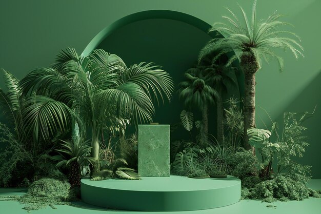 Green minimal product display podium with palm tree and plants