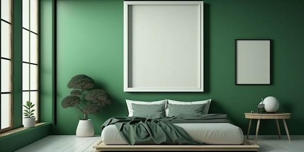 Green minimalist bedroom design with a mockup of a white poster frame Generative AI