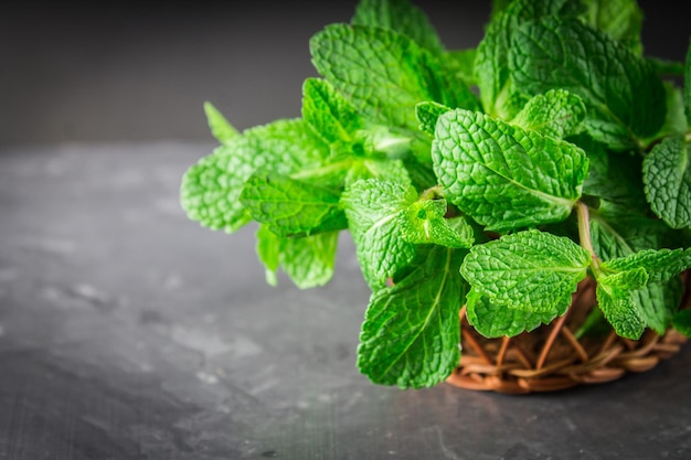 Green mint in a basket on a gray background