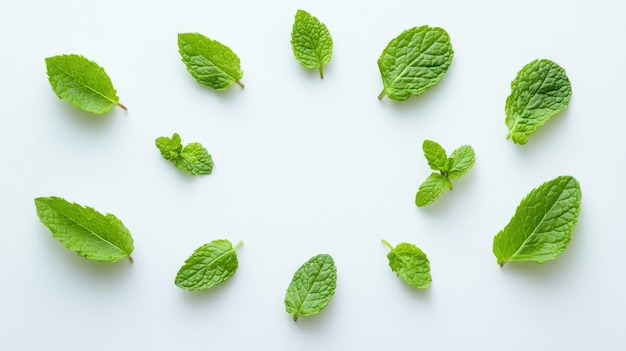 Photo green mint leaves arranged in a circle on a white background top view fresh and aromatic ideal for drinks desserts and herbal remedies