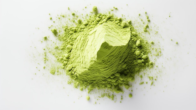 a green mixture of green powder is being poured into a white background.