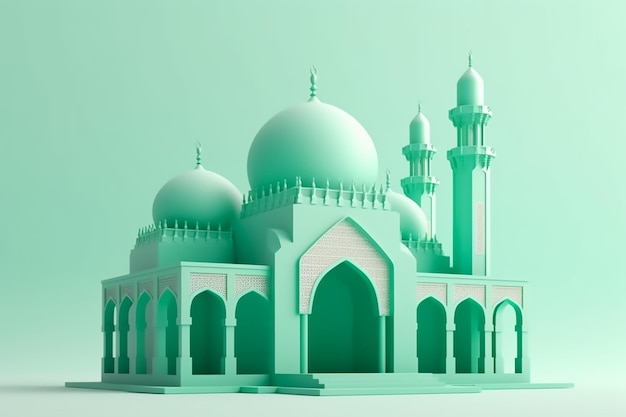 A green model of a mosque with a blue background.