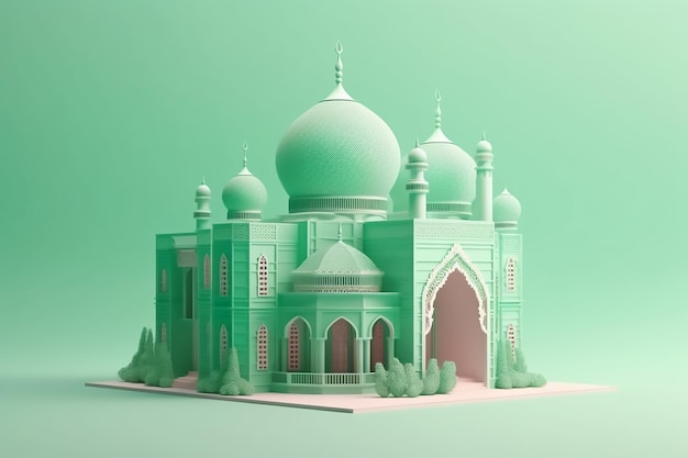 A green model of a mosque with a green roof.