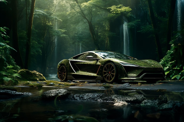 Green modern car in the forest on the background of the waterfall Ecomobile AI Generated