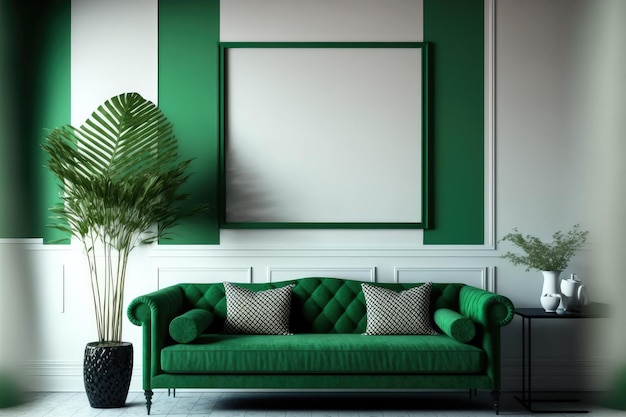 Green modern interior living room design with empty picture frame template