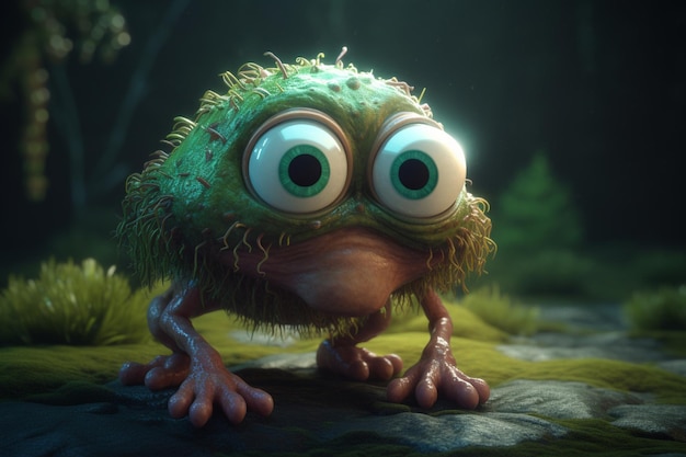 A green monster with big eyes and big green eyes stands on a rock in a forest.