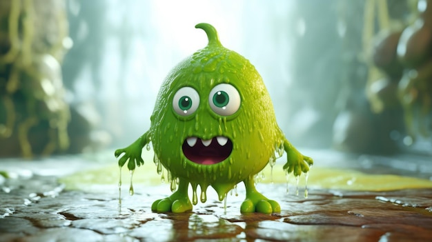 A green monster with a green face is covered in melted googly eyes and has a small mouth and a small mouth.