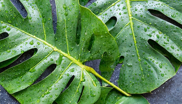 Green monstera leaves with water drops Spring or summer season Flat lay