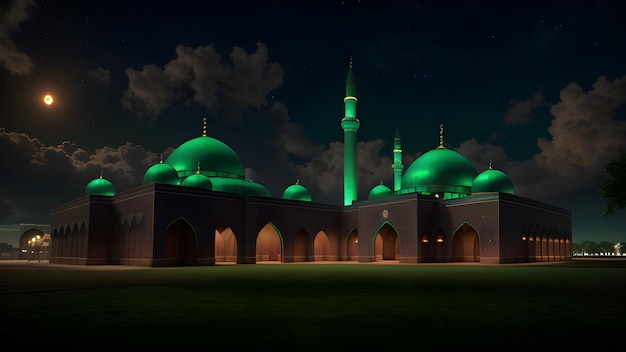 A green mosque with a dark sky behind it