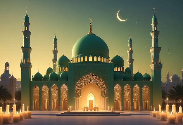 a green mosque with a moon and a moon in the background