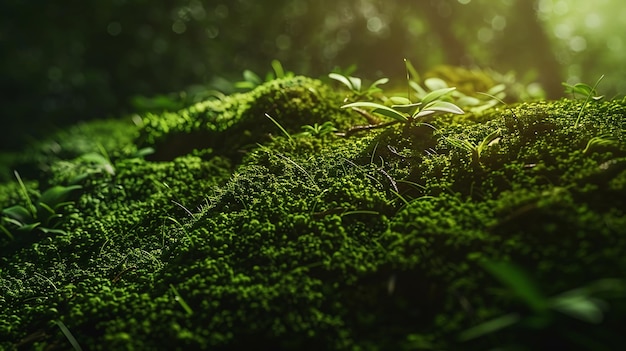 Green moss and background Backdrop for displaying products Dark forest background Generative AI