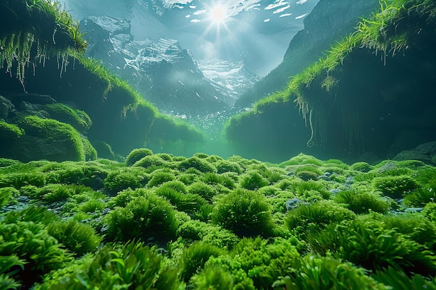 Photo a green moss covered cliff with the sun shining through the water