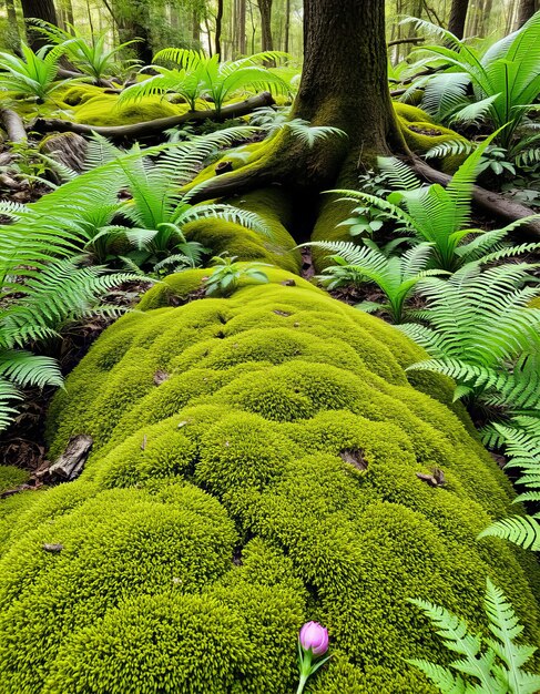 a green moss covered tree trunk with ferns and ferns