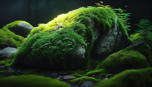 Green moss in the forest on a stone Generative AI