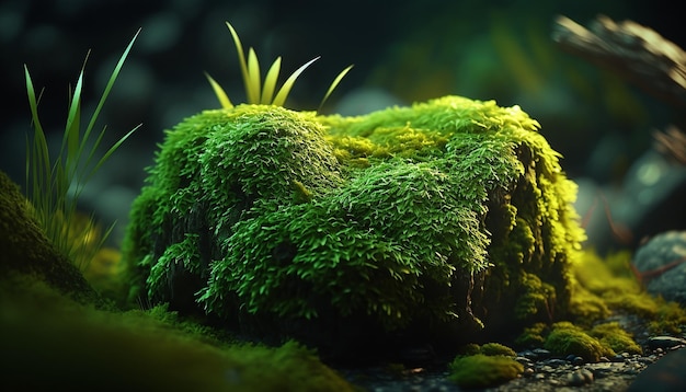 Green moss in the forest on a stone Generative AI