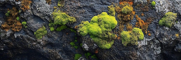 Green Moss and Orange Lichen on a Dark Rock Nature Background