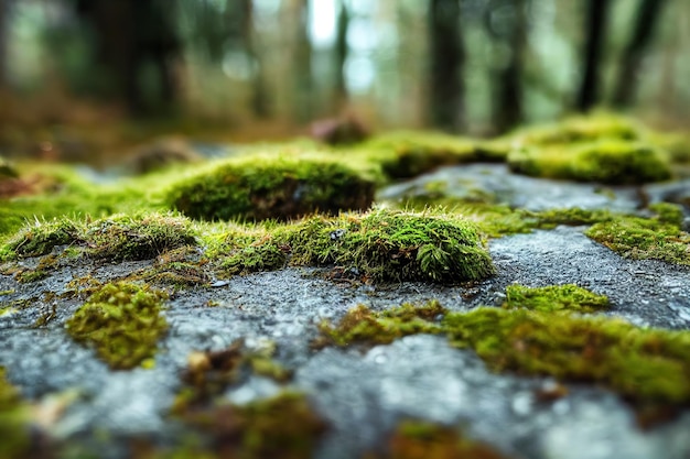 Green moss on summer forest stones closeup