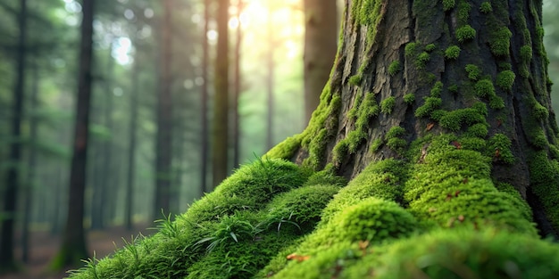 Green Moss on a Tree Trunk in the Forest