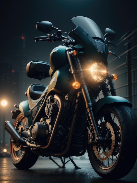 A green motorcycle is parked on the street in the city