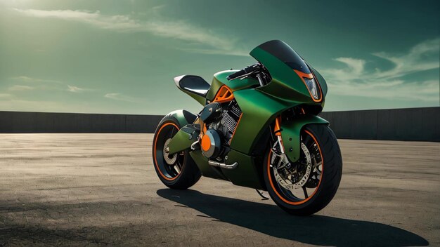 A green motorcycle with orange accents is parked on a paved surface