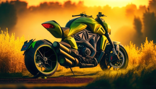 A green motorcycle with the word harley on the front