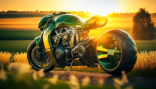 A green motorcycle with the word motorcycle on the front