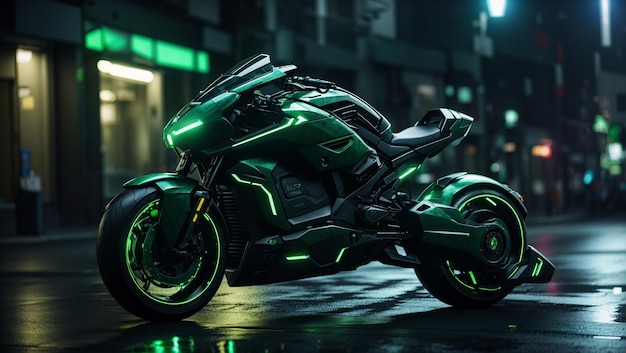 a green motorcycle with the word  the word  on the side