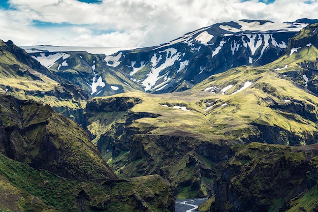 Green mountain canyon with snow covered and river in Icelandic Highlands