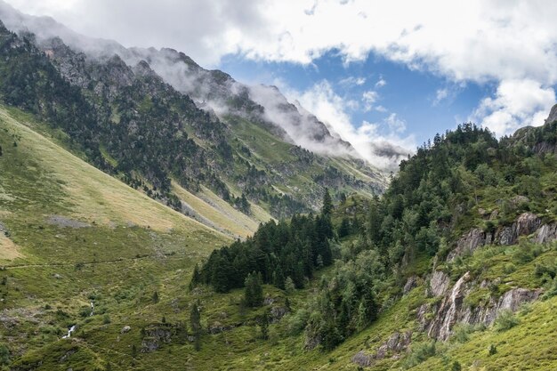 Green Mountain Landscape in the Pyrenees with a Waterfall, France 