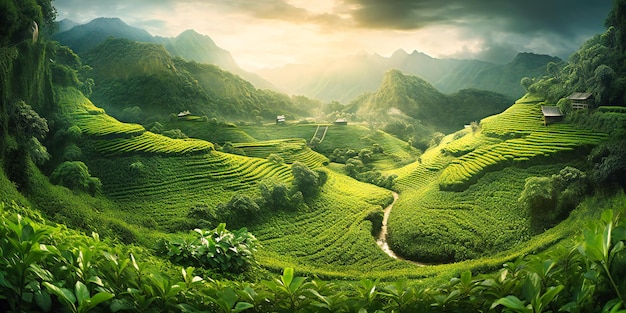 Green mountain landscape with green leaves on it