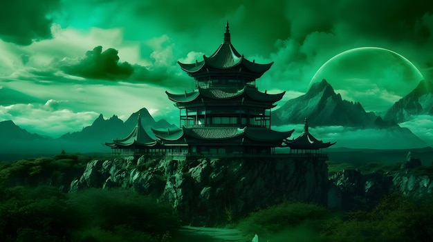 A green mountain landscape with a pagoda in the middle