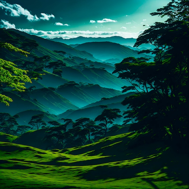 A green mountain landscape with trees and mountains in the background