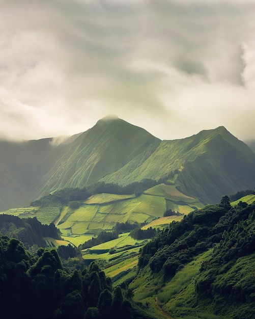 A green mountain range is surrounded by green hills and the sun is shining.