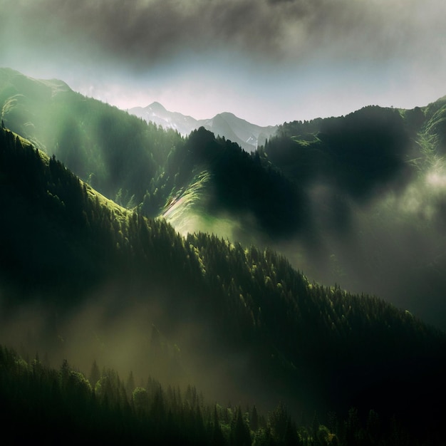 Green mountain range Landscape of misty mountains