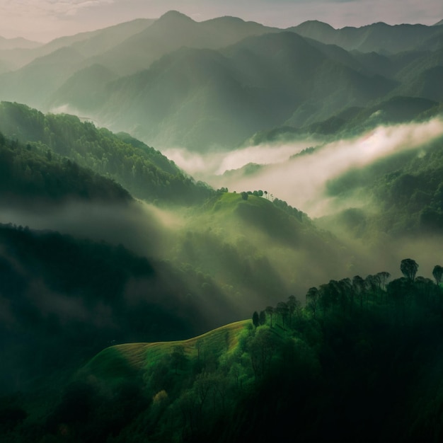 Green mountain range Landscape of misty mountains