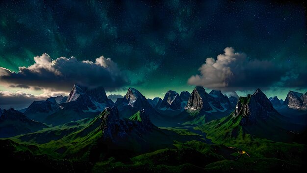 A green mountain range with a dark sky and clouds