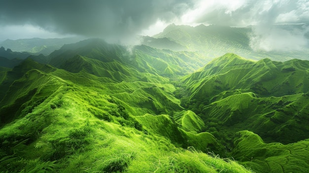 a green mountain with a green background and a storm cloud