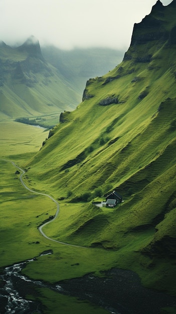 A green mountain with a road going through it